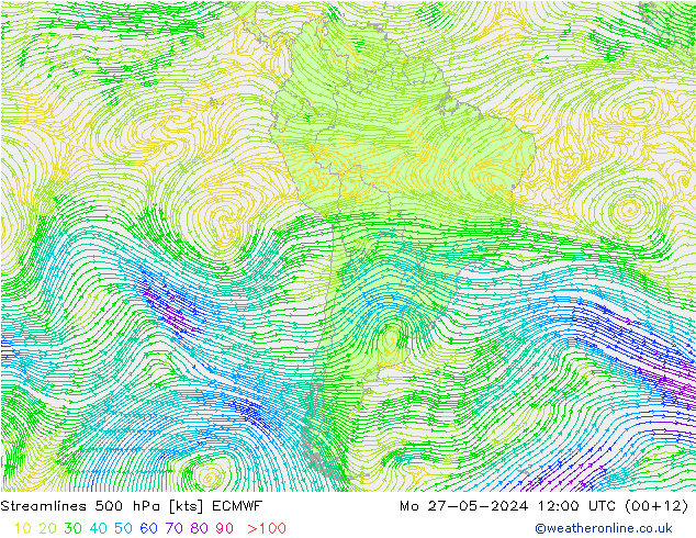 Linea di flusso 500 hPa ECMWF lun 27.05.2024 12 UTC