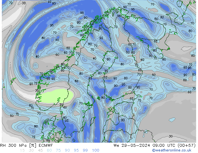 RH 300 hPa ECMWF We 29.05.2024 09 UTC