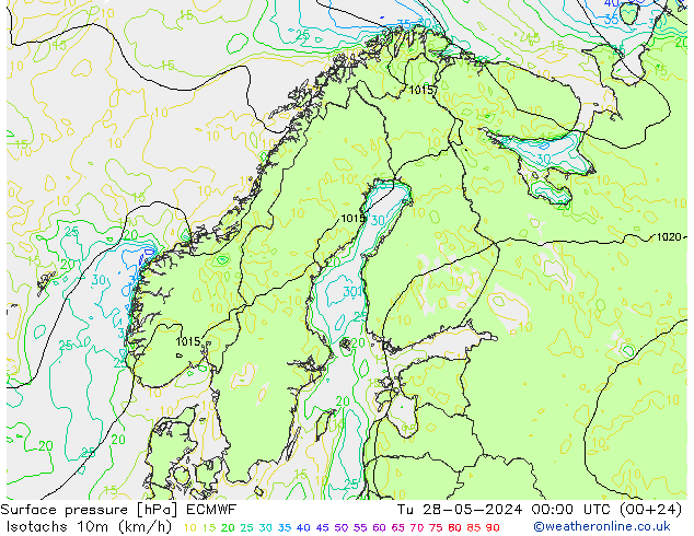 Isotachs (kph) ECMWF Tu 28.05.2024 00 UTC