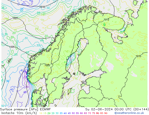 Izotacha (km/godz) ECMWF nie. 02.06.2024 00 UTC