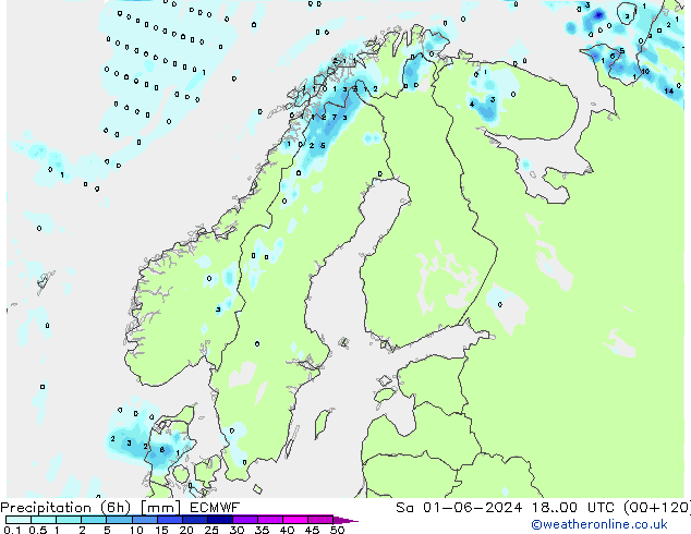 Precipitation (6h) ECMWF Sa 01.06.2024 00 UTC