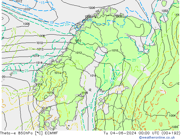 Theta-e 850hPa ECMWF Út 04.06.2024 00 UTC