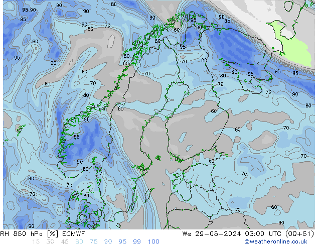 850 hPa Nispi Nem ECMWF Çar 29.05.2024 03 UTC