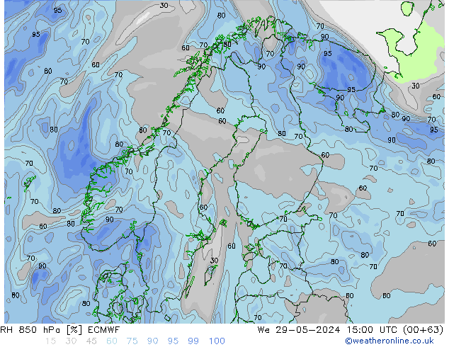 Humidité rel. 850 hPa ECMWF mer 29.05.2024 15 UTC