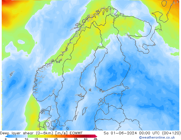 Deep layer shear (0-6km) ECMWF  01.06.2024 00 UTC