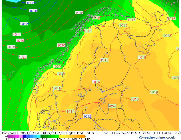 Espesor 850-1000 hPa ECMWF sáb 01.06.2024 00 UTC