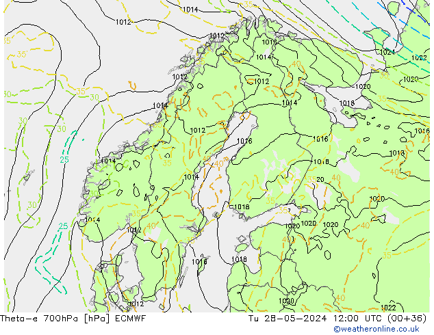 Theta-e 700hPa ECMWF Tu 28.05.2024 12 UTC