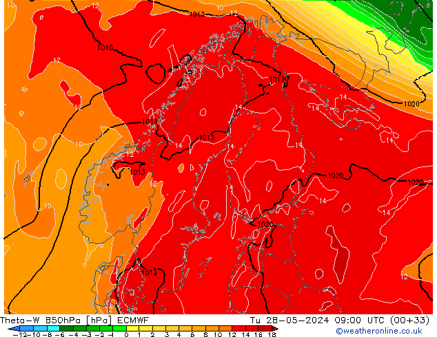 Theta-W 850гПа ECMWF вт 28.05.2024 09 UTC