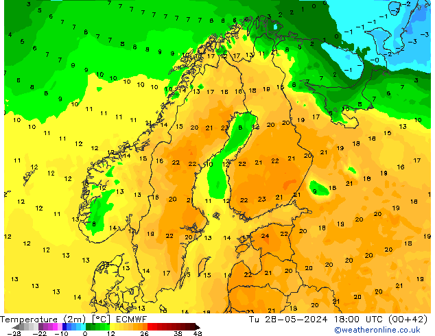 température (2m) ECMWF mar 28.05.2024 18 UTC