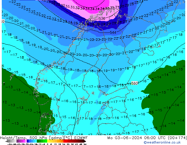 Yükseklik/Sıc. 500 hPa ECMWF Pzt 03.06.2024 06 UTC