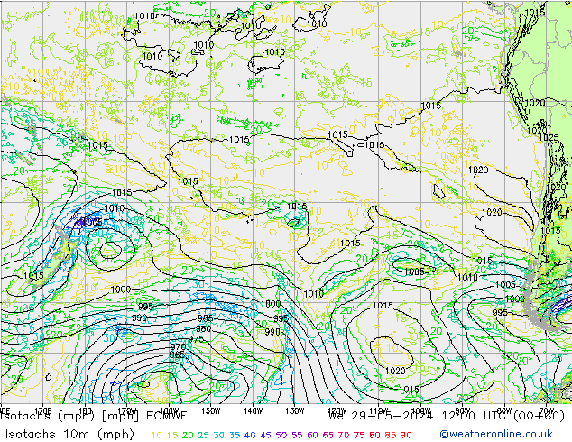 Isotachs (mph) ECMWF  29.05.2024 12 UTC