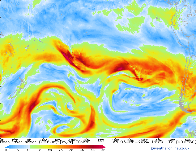 Deep layer shear (0-6km) ECMWF Po 03.06.2024 12 UTC