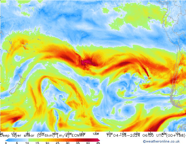 Deep layer shear (0-6km) ECMWF Tu 04.06.2024 06 UTC