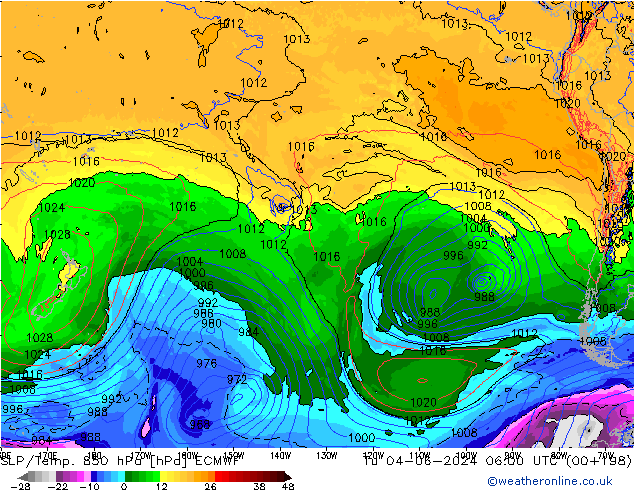 SLP/Temp. 850 hPa ECMWF  04.06.2024 06 UTC