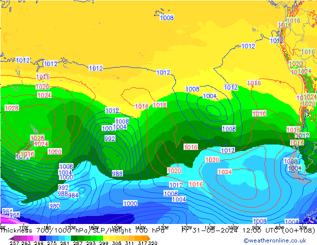 Dikte700-1000 hPa ECMWF vr 31.05.2024 12 UTC