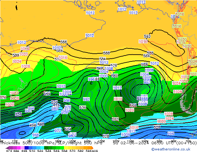 Dikte 500-1000hPa ECMWF zo 02.06.2024 06 UTC