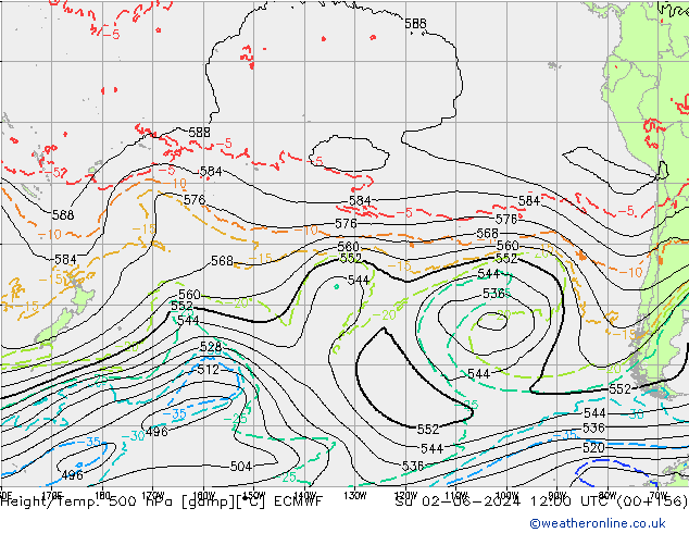 Hoogte/Temp. 500 hPa ECMWF zo 02.06.2024 12 UTC