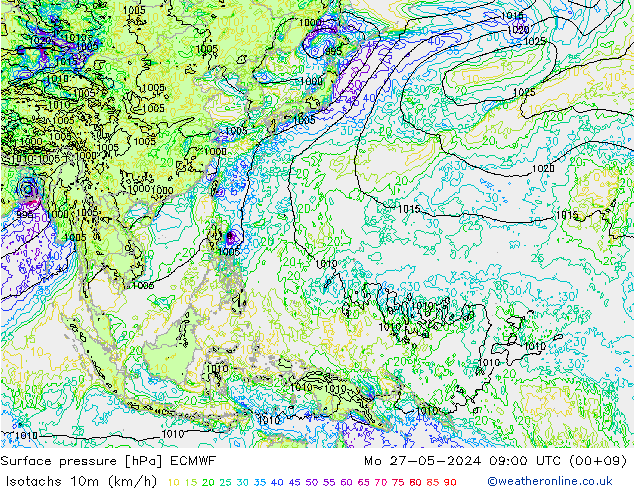 Isotachs (kph) ECMWF lun 27.05.2024 09 UTC