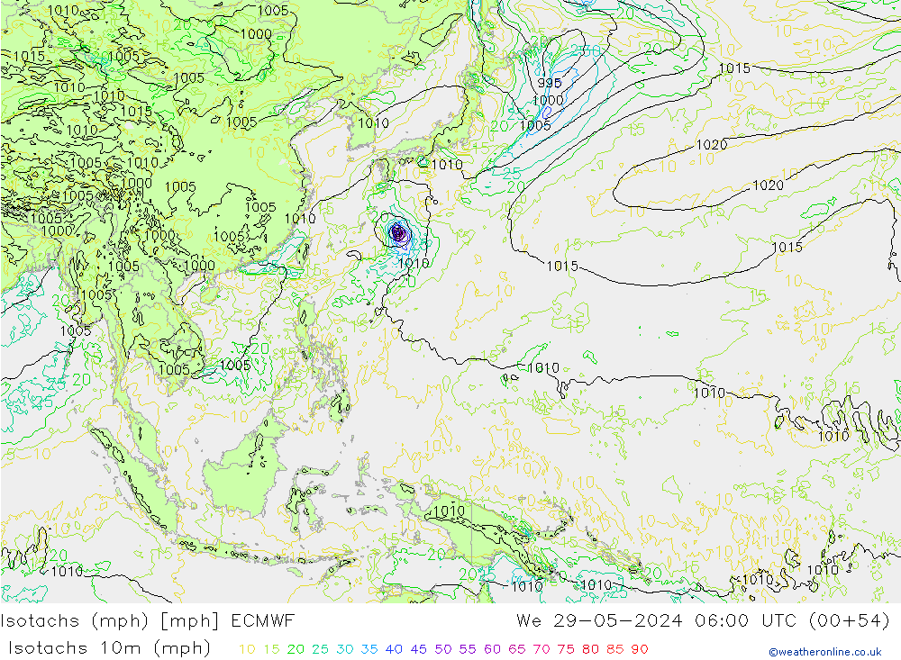 Eşrüzgar Hızları mph ECMWF Çar 29.05.2024 06 UTC
