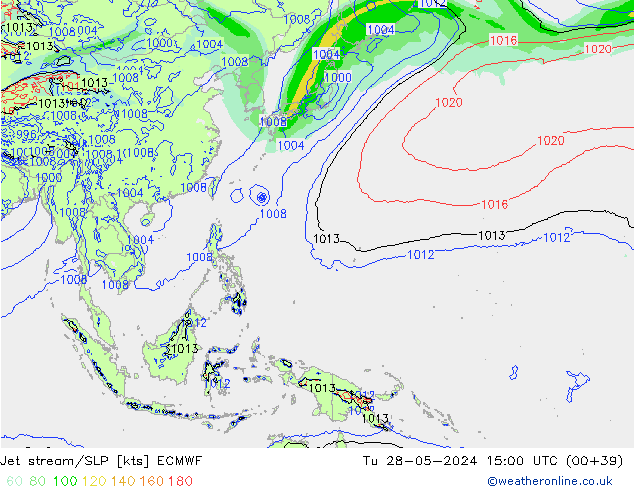 Jet stream/SLP ECMWF Út 28.05.2024 15 UTC