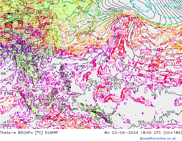 Theta-e 850hPa ECMWF Mo 03.06.2024 18 UTC