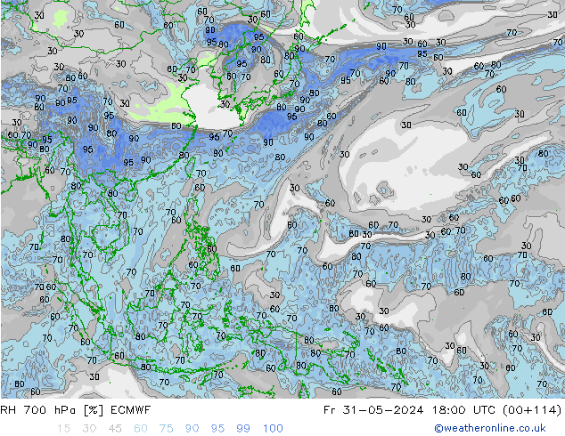 Humidité rel. 700 hPa ECMWF ven 31.05.2024 18 UTC