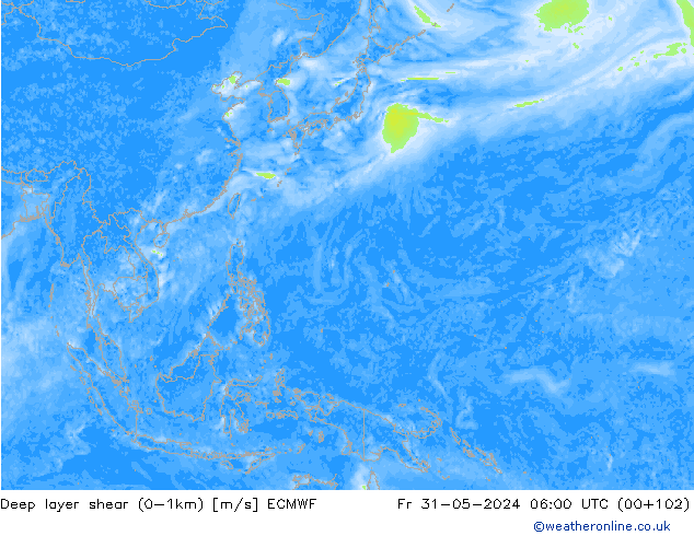 Deep layer shear (0-1km) ECMWF Fr 31.05.2024 06 UTC