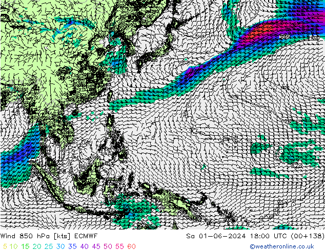 Rüzgar 850 hPa ECMWF Cts 01.06.2024 18 UTC