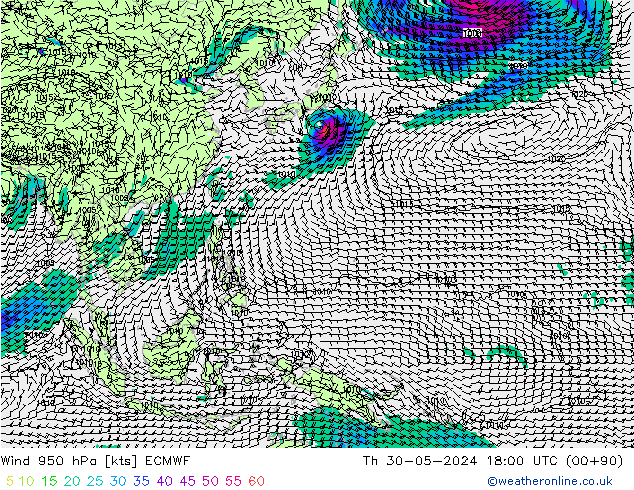 Wind 950 hPa ECMWF do 30.05.2024 18 UTC