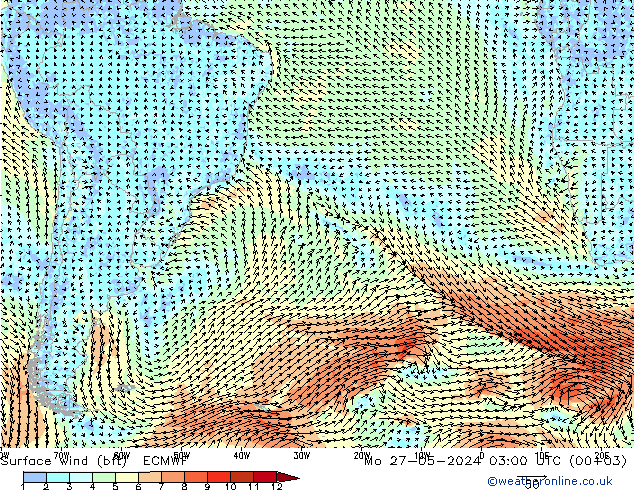 Bodenwind (bft) ECMWF Mo 27.05.2024 03 UTC