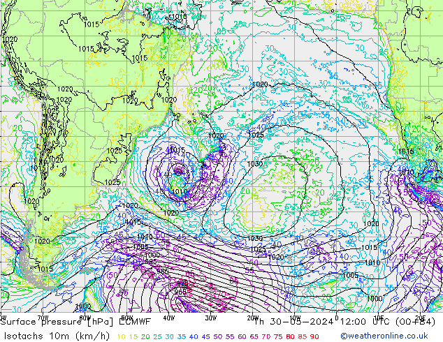 Isotaca (kph) ECMWF jue 30.05.2024 12 UTC