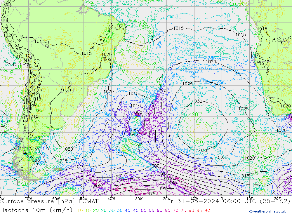 Isotachen (km/h) ECMWF vr 31.05.2024 06 UTC