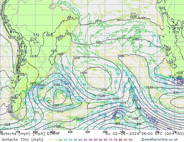 Isotachen (mph) ECMWF zo 02.06.2024 06 UTC