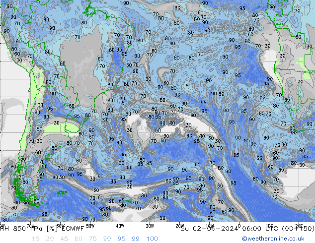 Humedad rel. 850hPa ECMWF dom 02.06.2024 06 UTC