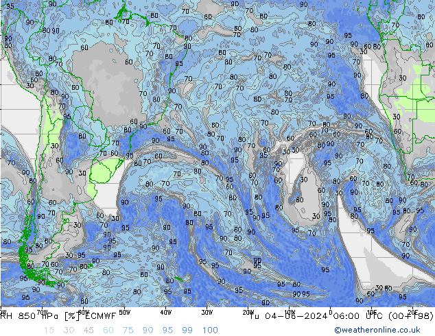 RH 850 hPa ECMWF Tu 04.06.2024 06 UTC