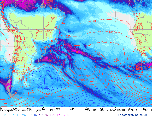 Precipitation accum. ECMWF Dom 02.06.2024 06 UTC