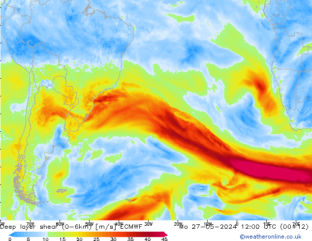 Deep layer shear (0-6km) ECMWF Pzt 27.05.2024 12 UTC