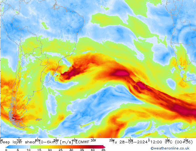 Deep layer shear (0-6km) ECMWF Tu 28.05.2024 12 UTC