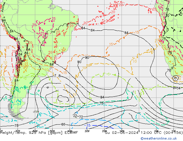 Height/Temp. 925 hPa ECMWF Ne 02.06.2024 12 UTC