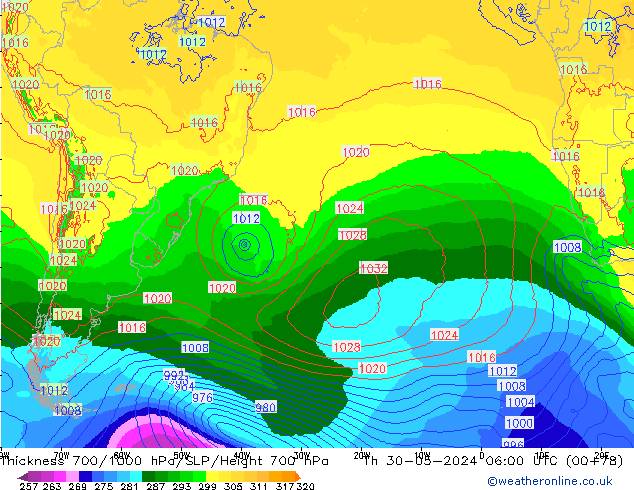 Espesor 700-1000 hPa ECMWF jue 30.05.2024 06 UTC