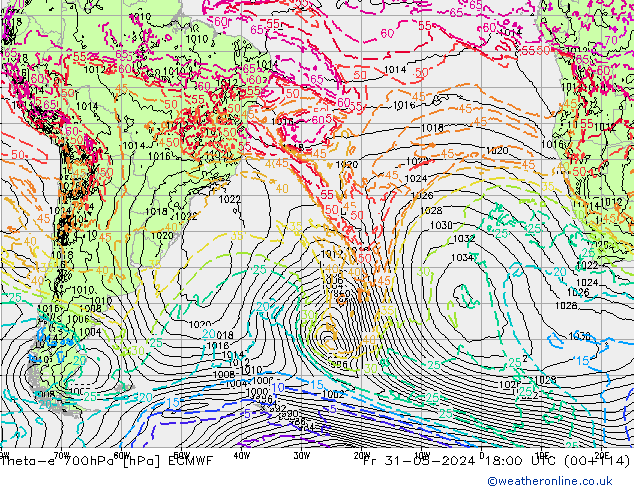 Theta-e 700hPa ECMWF Fr 31.05.2024 18 UTC