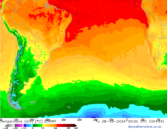 Temperature (2m) ECMWF Út 28.05.2024 00 UTC