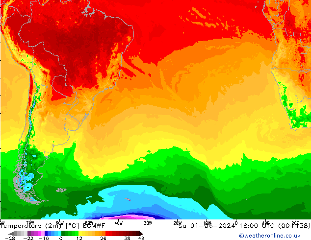 température (2m) ECMWF sam 01.06.2024 18 UTC