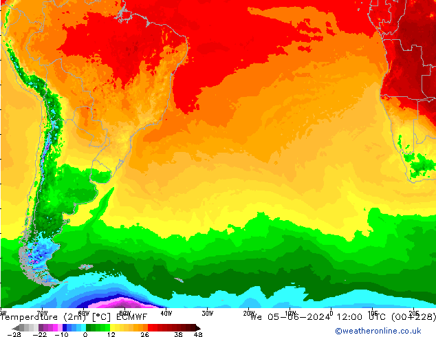 Temperatura (2m) ECMWF mer 05.06.2024 12 UTC