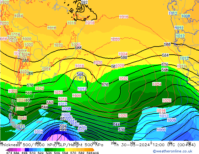 Espesor 500-1000 hPa ECMWF jue 30.05.2024 12 UTC