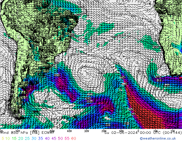 Vento 850 hPa ECMWF Dom 02.06.2024 00 UTC