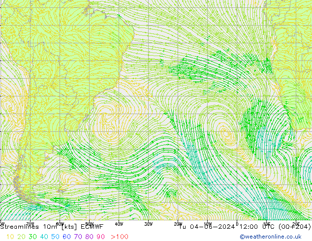 Streamlines 10m ECMWF Tu 04.06.2024 12 UTC