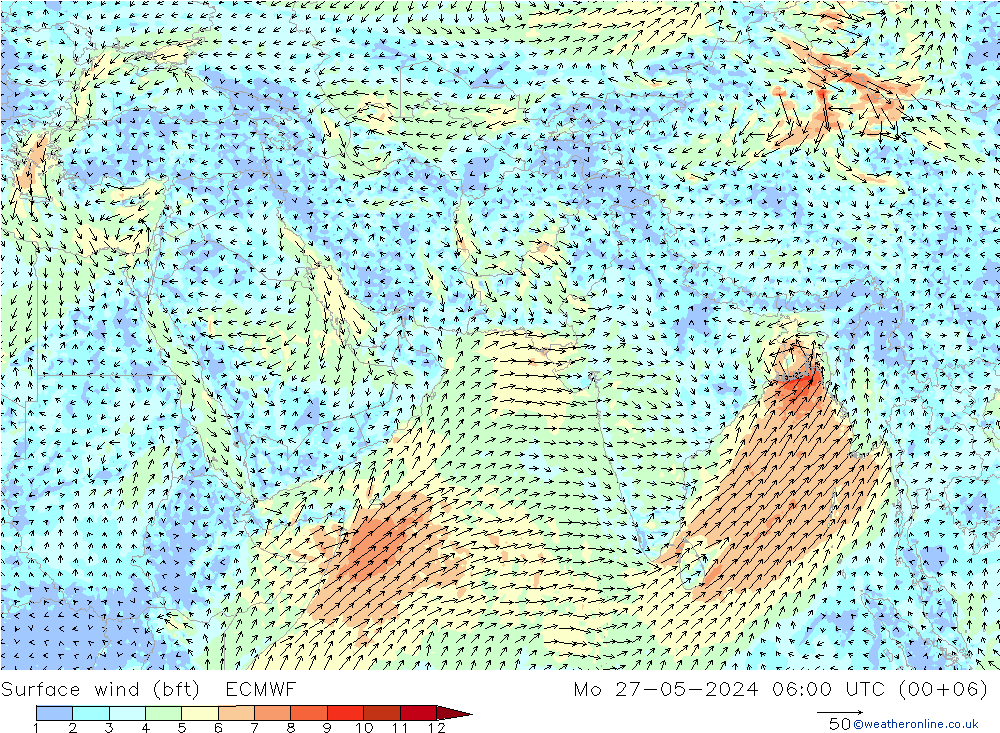 Bodenwind (bft) ECMWF Mo 27.05.2024 06 UTC