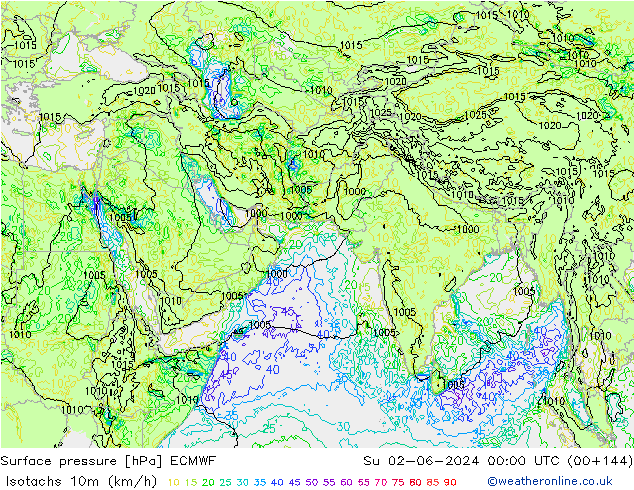 Isotachen (km/h) ECMWF So 02.06.2024 00 UTC