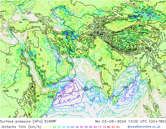 Isotachs (kph) ECMWF  03.06.2024 12 UTC